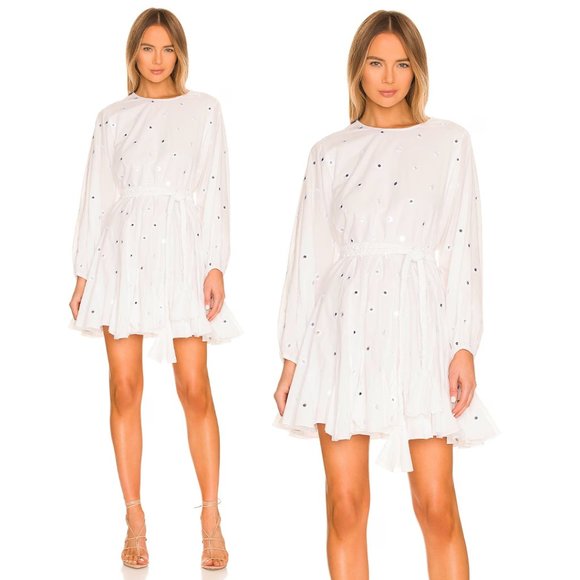 Rhode Ella Blouson Mini Dress Flared Mirror Disc Allover Braided Belt White XS - Picture 2 of 7
